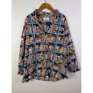 Print Fresh Anthropologie Pajama Top Women's 3X Cats Books Plants Mice Sleep
